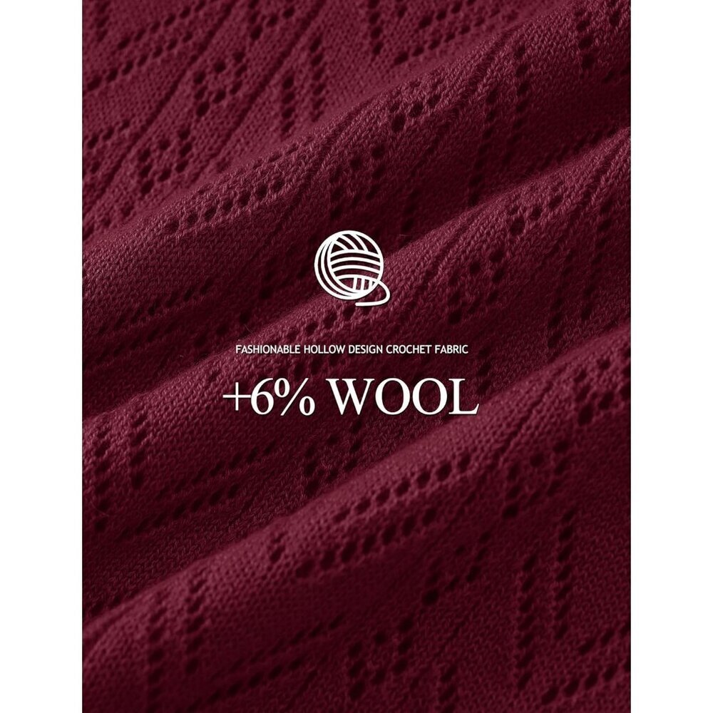 Women's Wine Red Wool Long Sleeve Crochet Pullover V Neck Lightweight Sweater - Picture 5 of 7